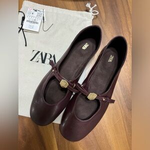 Zara Women's soft Loafers Dark Red Mary Jane Flats